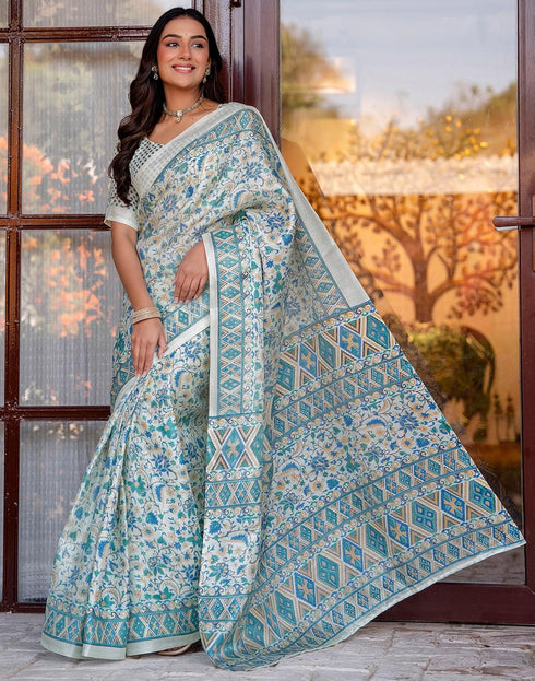 Vasthrlay Womens Printed Unstitched White Saree