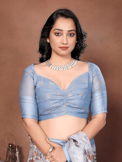 Vasthrlay White Floral Semi Sheer Chanderi Saree With Champagne Gold Zari Pallu And Unstitched Blouse Piece