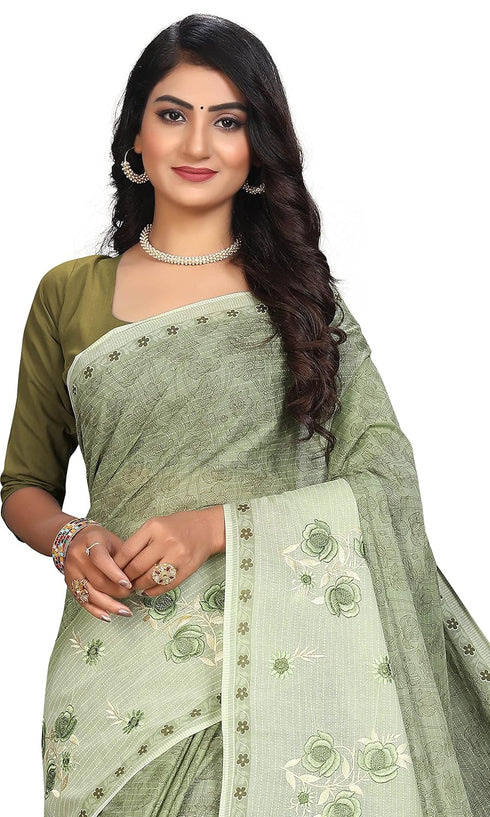Vasthrlay Cotton Print Embroidery Green Saree