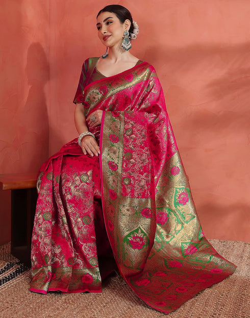 Vasthrlay Banarasi Jacquard Pink Saree With Unstitched Blouse Piece