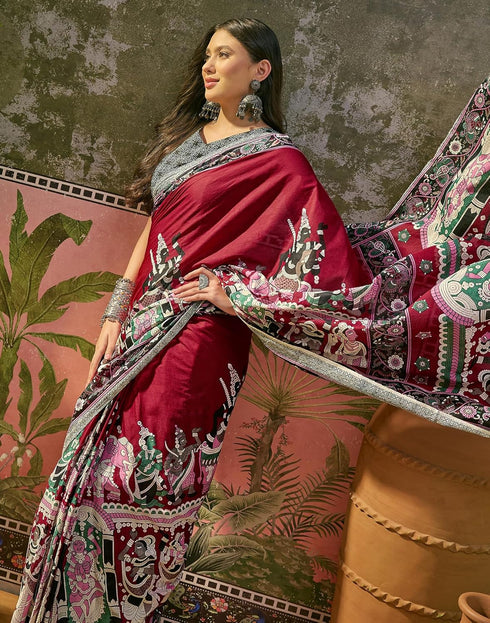 Vasthrlay Womens Printed Unstitched Maroon Saree