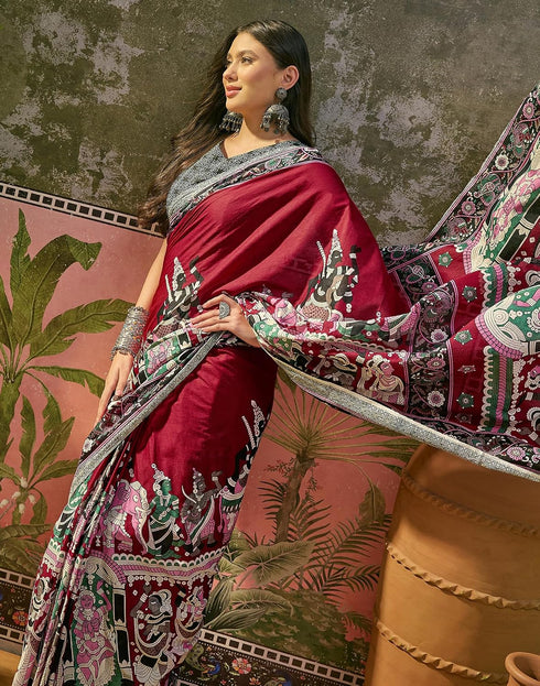 Vasthrlay Womens Printed Maroon | Multi Saree With Unstitched Blouse Piece