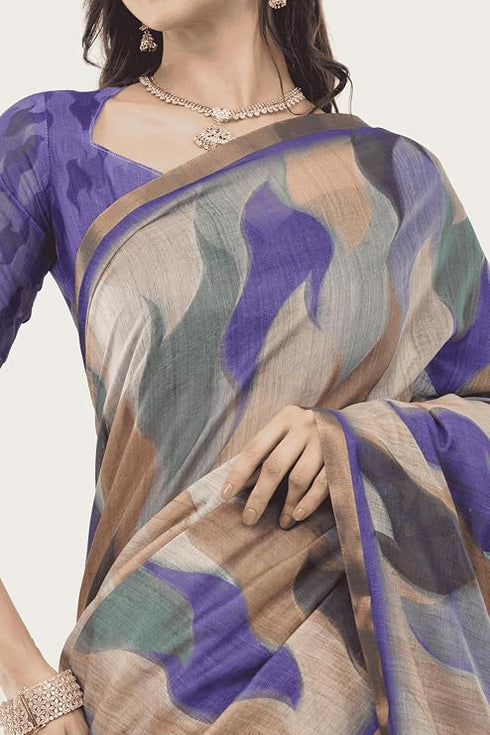 Vasthrlay Off White1 Paisley Printed Linen Saree With Unstitched Blouse Piece