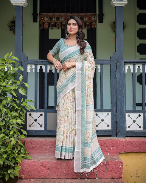 Vasthrlay Turquoise Floral Embroidered Saree