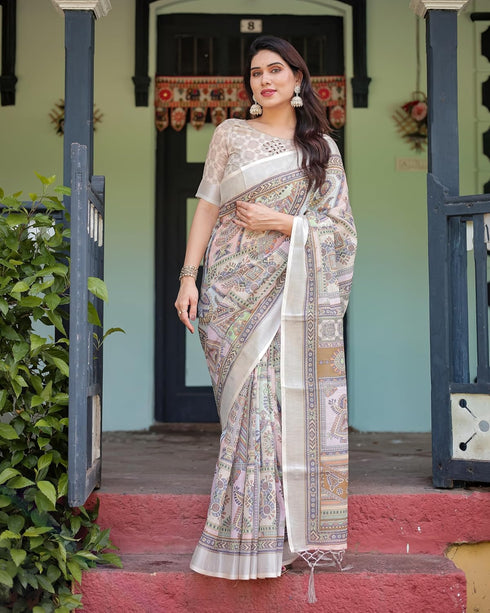 Vasthrlay Handwoven Printed Tasselled Saree