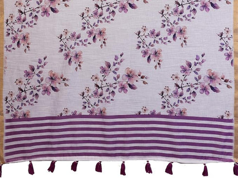 Vasthrlay Womens Purple Kathakali Print Linen Saree With Gold Zari Border And Unstitched Blouse Piece