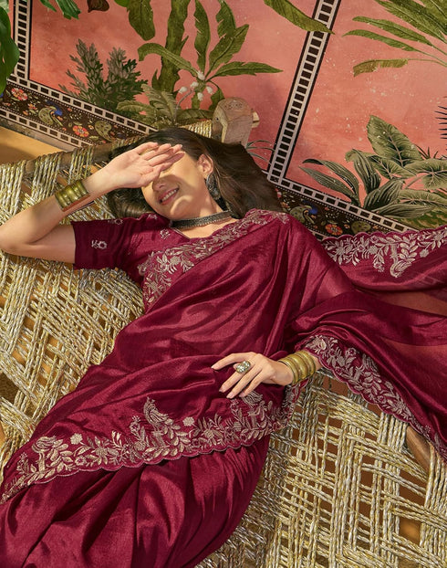 Vasthrlay Scalloped Embroidery Unstitched Maroon Saree