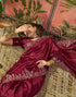 Vasthrlay Scalloped Embroidery Maroon Saree With Unstitched Blouse Piece