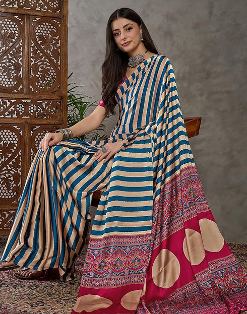 Vasthrlay Printed Tassels Teal Blue | Beige Saree With Unstitched Blouse Piece