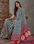 Vasthrlay Printed Tassels Teal Blue | Beige Saree With Unstitched Blouse Piece