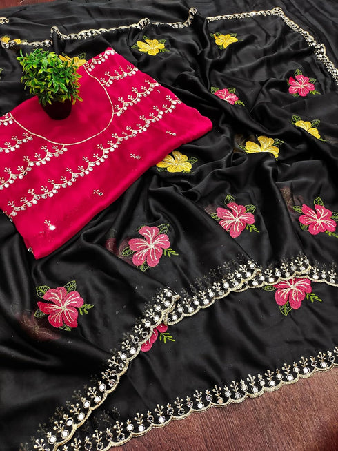 Vasthrlay Vichitra Embroidery Brown Black