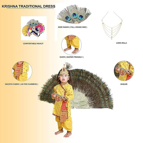 Raj Fancy Dresses Krishna Dress for Kids, Baby Krishna Dress for Janmashtami with Krishna Mukut