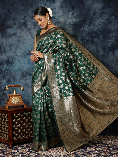 Vasthrlay Bottle Green Banarasi Saree