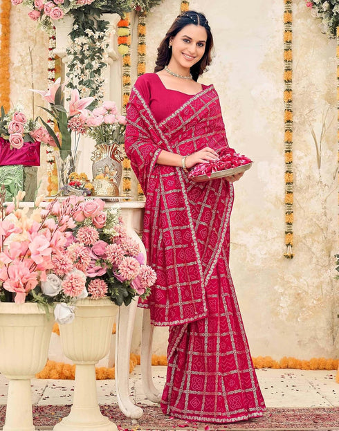 Vasthrlay Vichitra Bandhani Unstitched Pink Saree