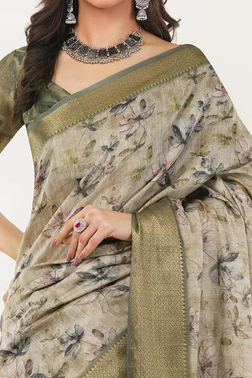 Vasthrlay Sage Green Patchwork Print Polyester Saree With Zari Border And Unstitched Blouse Piece