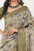 Vasthrlay Sage Green Patchwork Print Polyester Saree With Zari Border And Unstitched Blouse Piece