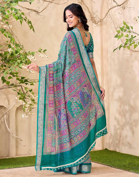 Vasthrlay Georgette Printed Teal Green Saree With Unstitched Blouse Piece