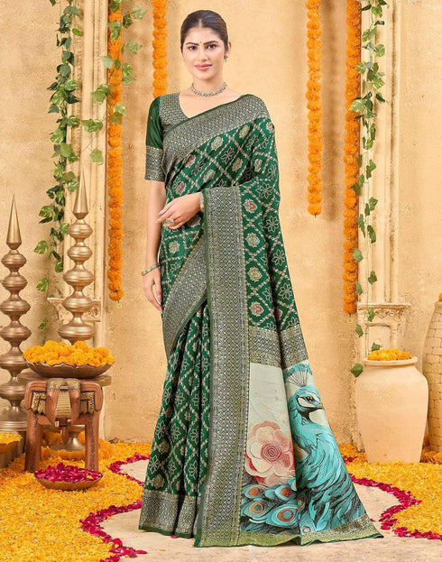 Vasthrlay Womens Weaving Green | Gold Saree With Unstitched Blouse Piece