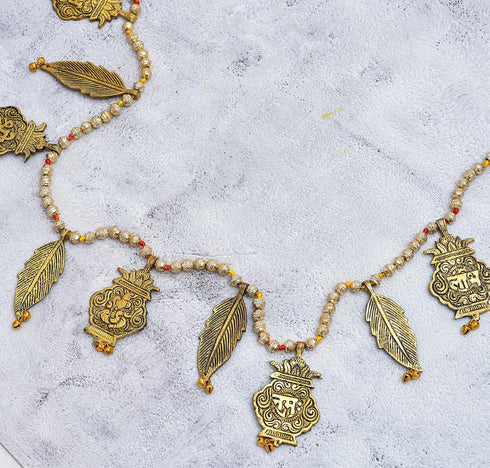 Ascension Traditional Metal Golden Designer Shree Ganesha Namah Kalash Leaf Toran (Design 2)