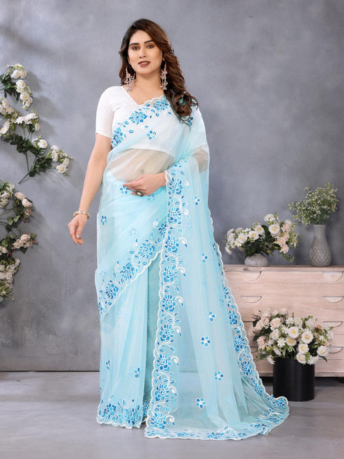 Vasthrlay Blue Embroidery Unstitched Saree