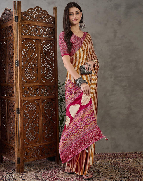 Vasthrlay Printed Tassels Mustard | Beige Saree With Unstitched Blouse Piece