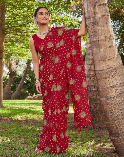 Vasthrlay Bandhani Printed Red1 Saree With Unstitched Blouse Piece
