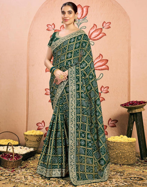 Vasthrlay Georgette Embroidery Unstitched Dark Green Saree