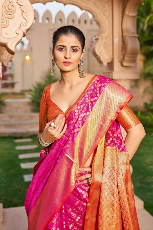 Vasthrlay Patola Silk Saree | Rani Pink, Ready Pleated with Unstitched Blouse Piece