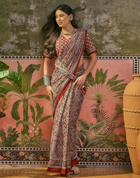 Vasthrlay Womens Printed Rust | Multi Saree With Unstitched Blouse Piece