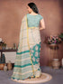 Vasthrlay Womens Off White Kathakali Print Linen Saree With Gold Zari Border And Unstitched Blouse Piece