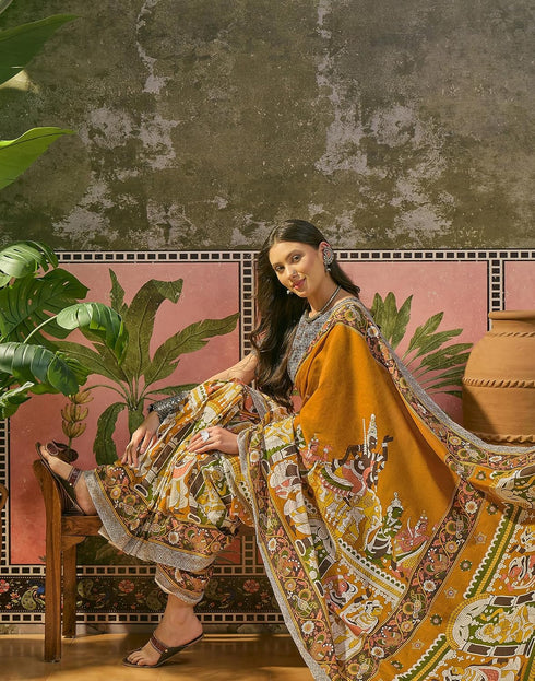 Vasthrlay Womens Printed Mustard Yellow | Multi Saree With Unstitched Blouse Piece
