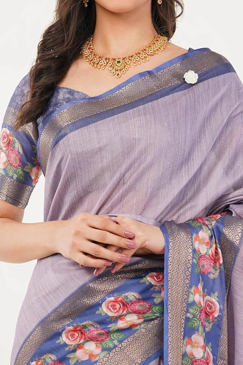 Vasthrlay Lilac Royal Blue Geometric Print Polyester Saree With Dull Gold Zari Border And Unstitched Blouse Piece