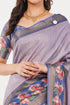 Vasthrlay Lilac Royal Blue Geometric Print Polyester Saree With Dull Gold Zari Border And Unstitched Blouse Piece