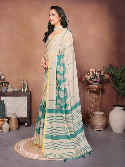 Vasthrlay Womens Off White Kathakali Print Linen Saree With Gold Zari Border And Unstitched Blouse Piece