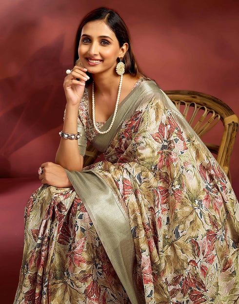 Vasthrlay Printed Jacquard Unstitched Rama Green Saree