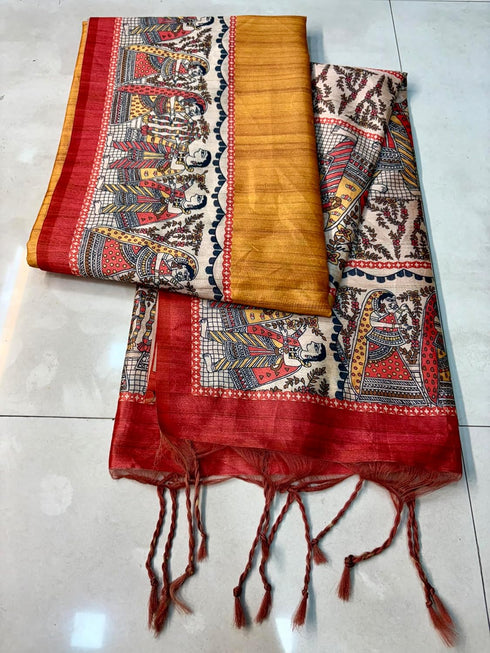 Vasthrlay Tussar Ghicha Traditional Kalamkari Madhubani