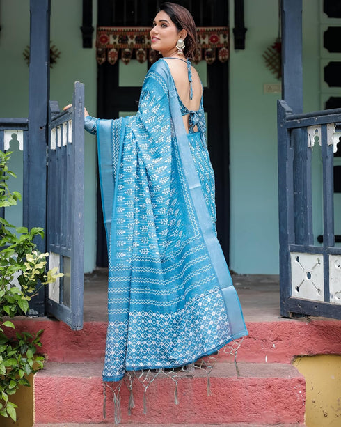 Vasthrlay Turquoise Floral Embroidered Saree