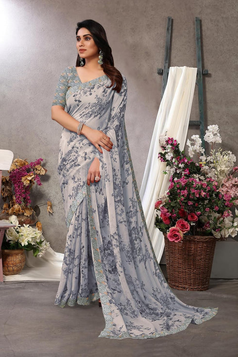 Vasthrlay Fashion Chiffon Printed Grey Ethnic Wear
