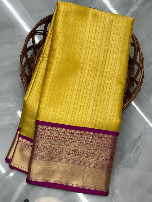 Vasthrlay Kanjivaram Silk Saree | Yellow with Pink Zari Border | Free Size