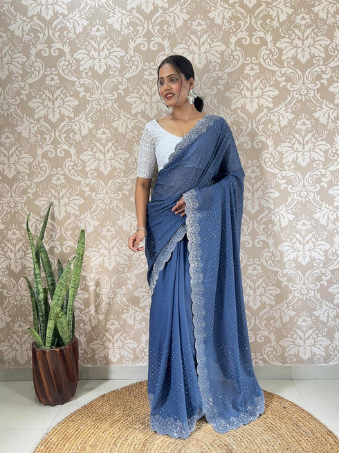 Vasthrlay Georgette Embellishments Scalloped Traditional