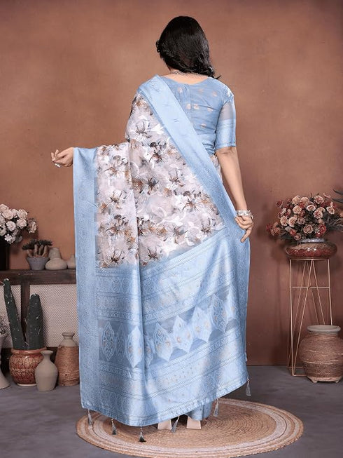 Vasthrlay White Floral Semi Sheer Chanderi Saree With Champagne Gold Zari Pallu And Unstitched Blouse Piece