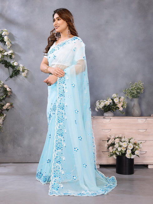 Vasthrlay Blue Embroidery Unstitched Saree