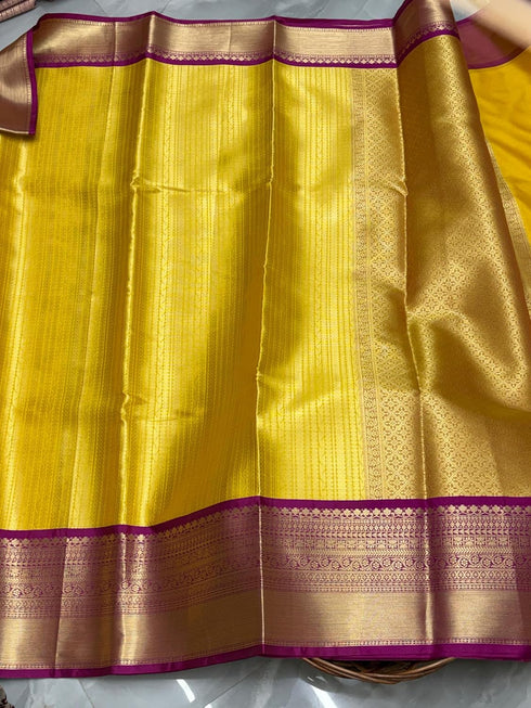 Vasthrlay Kanjivaram Silk Saree | Yellow with Pink Zari Border | Free Size