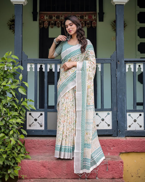Vasthrlay Turquoise Floral Embroidered Saree