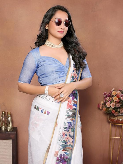 Vasthrlay White1 Womens Linen Ready To Wear Saree