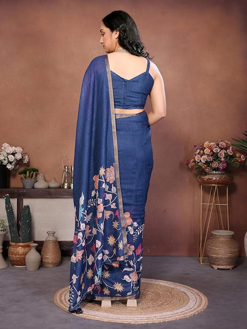 Vasthrlay Blue Kathakali Print Linen Saree With Gold Zari Border And Unstitched Blouse Piece