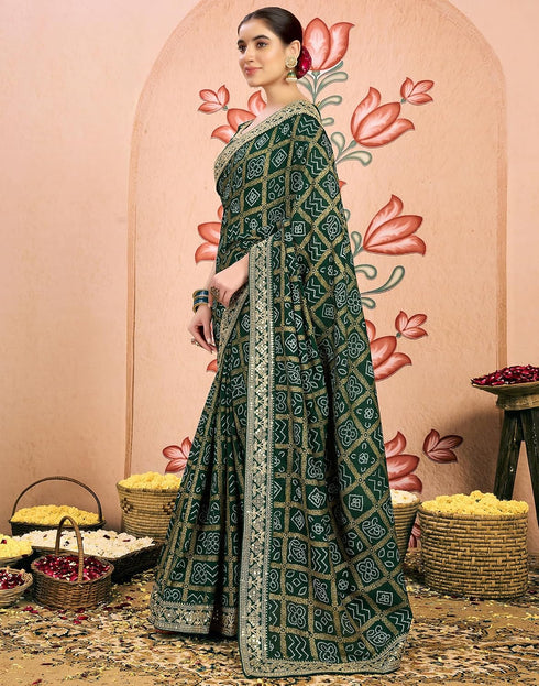 Vasthrlay Georgette Embroidery Dark Green Saree With Unstitched Blouse Piece