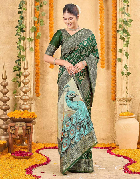 Vasthrlay Womens Weaving Green | Gold Saree With Unstitched Blouse Piece