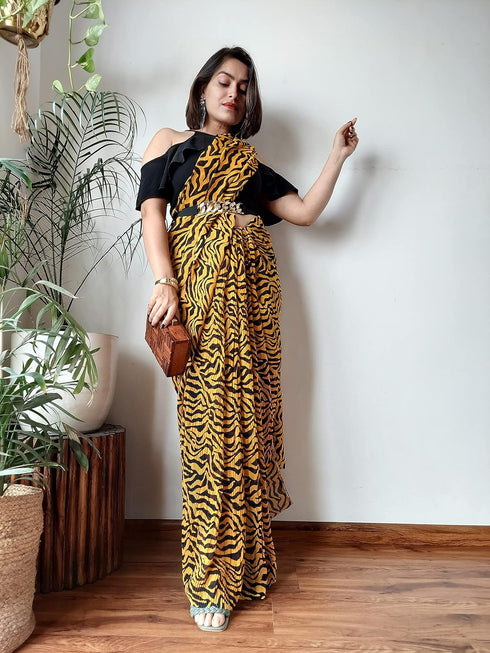 Vasthrlay Georgette ST ZEBRA CRUSH Mustard