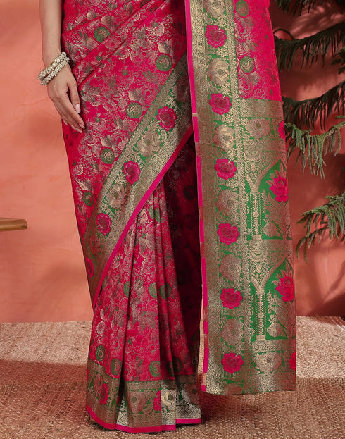 Vasthrlay Banarasi Jacquard Pink Saree With Unstitched Blouse Piece